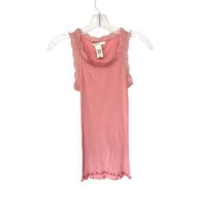 Merona Pink‎ Ribbed Cotton Stretch Y2K Lace Trim Ruffle Tank Top Size Medium